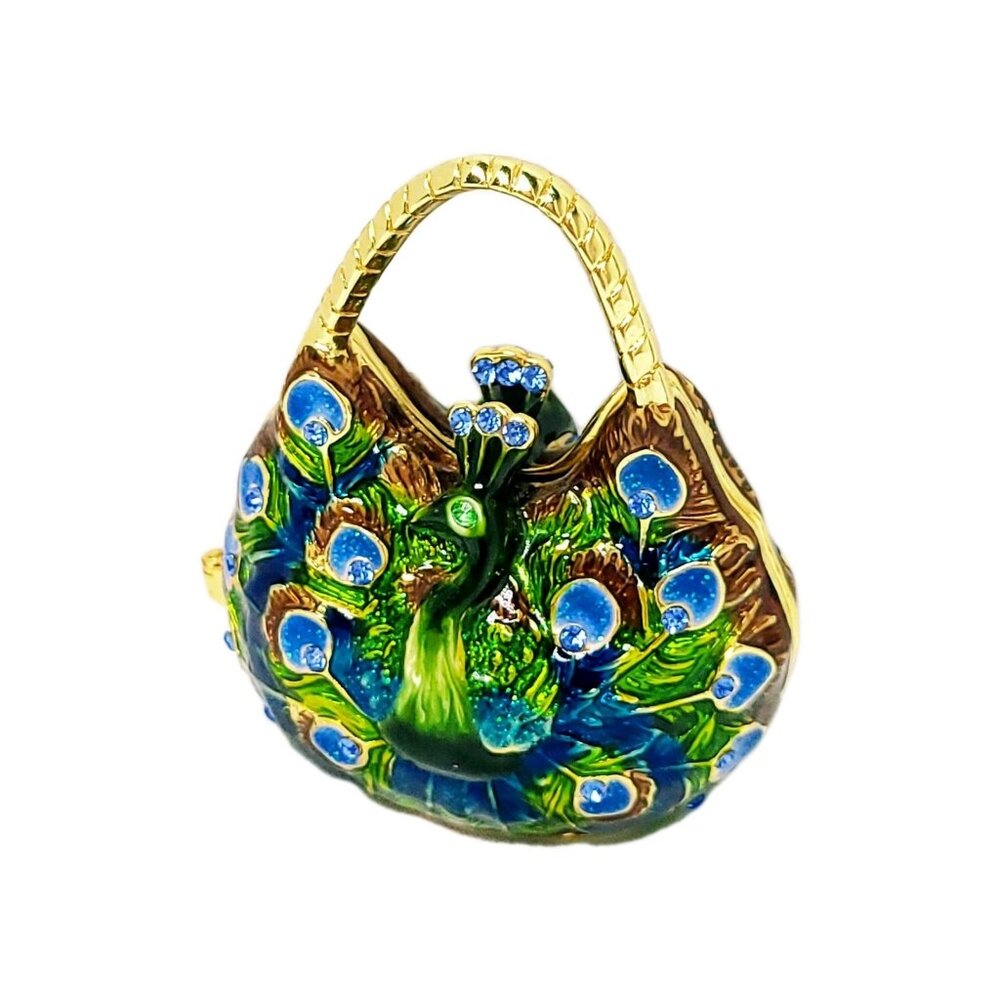 Cherished Treasures Jeweled Collection Peacock Purse Hinged Trinket Box